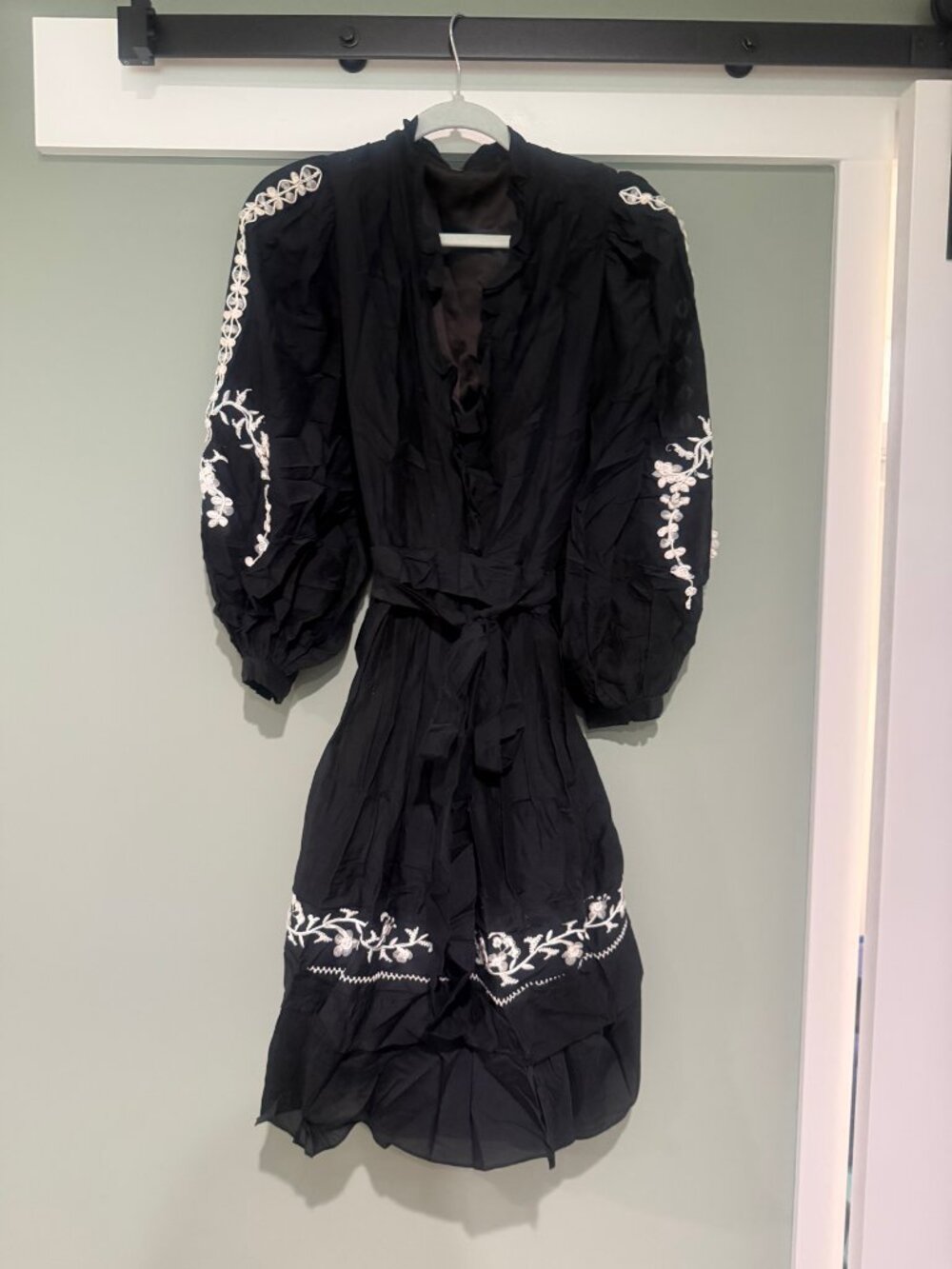 Kobi Halperin Black Embroidered Floral Belted Midi Dress XL